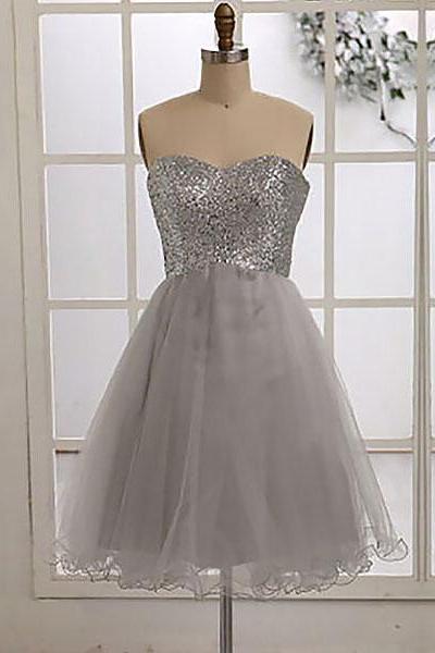 Short Silver Bridesmaid Dress with allover Beaded Bodice, Glittering Sequined Bridesmaid Dresses, Cheap Sweetheart Tulle Bridesmaid Dress, #01012186
