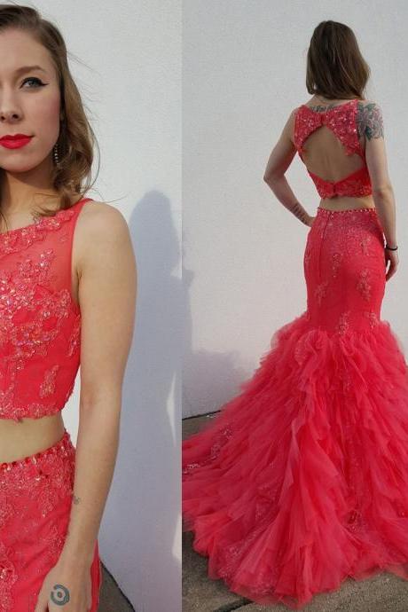 Bateau Neck Red Tulle Prom Dress, Lace Appliques Two Piece Prom Dress with Key Hole Back, Sexy Mermaid Long Prom Dress with Lace Appliques, #020102405