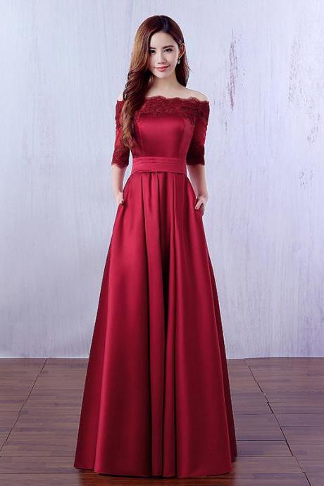 Elegant Off the Shoulder Long Prom Dress, Satin Prom Dress with Lace Half Sleeves, Trendy Lace-up Prom Dress with ribbon and pleats, #020102406