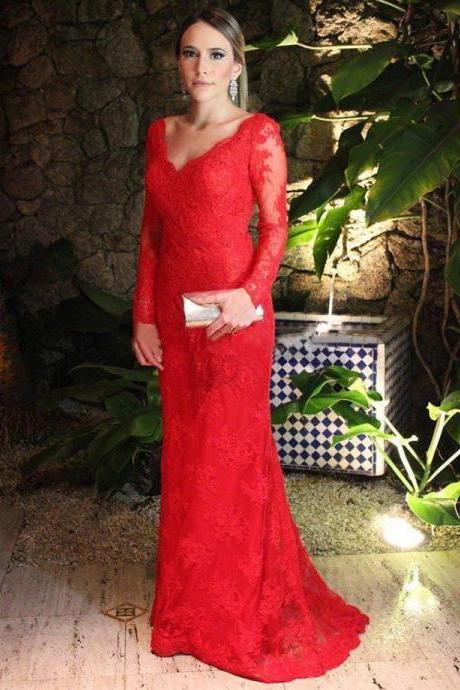 Elegant Long Sleeved Red Sheath Prom Dress, See-through Lace Floor Length Backless Prom Dress with Sweep Train, Sexy Open Back Prom Dress, #020102408