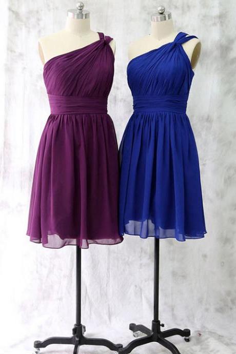 Purple One Shoulder Bridesmaid Dress, Latest Short Royal Blue Bridesmaid Dress, Asymmetric Chiffon Bridesmaid Dress with Ruching Detail, #01012528