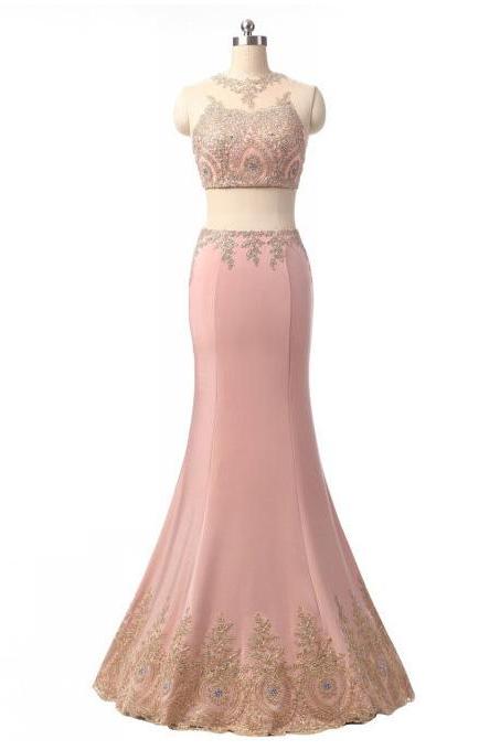 Pink Two Piece Prom Dresses with Glittering Beads, Silk-like Satin Crop Top Prom Dresses, See-through Scoop Neck Tulle Long Prom Dresses, #020102414