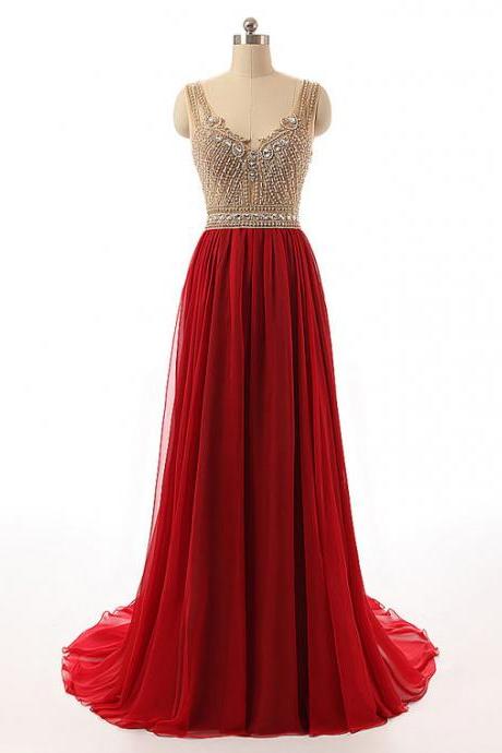 Hot Red Long Prom Dresses with Sweep Train, A-line Tulle Prom Dresses with Golden Beads, Latest See-through Chiffon Prom Dress, #020102416
