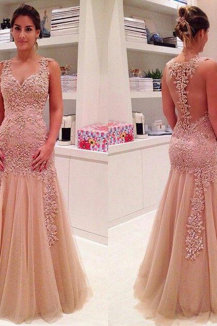 Elegant Mermaid Tulle Floor-length Prom Dresses, Discount Prom Dresses with Lace Appliques, See-through Champagne Prom Dress, #020102421