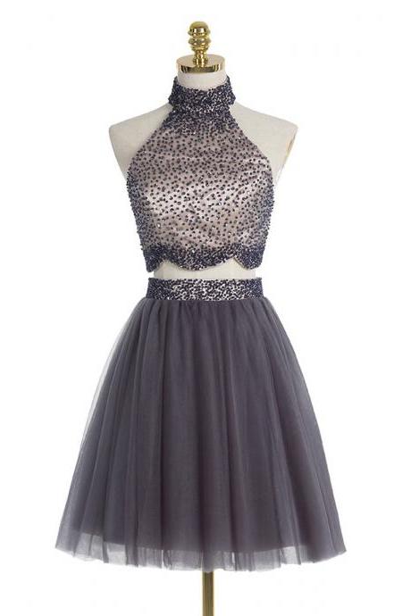 Gray High Neck Two Piece Prom Dresses, allover beaded A-line Prom Dresses with beaded Belt, Trendy Mini Homecoming Dresses with Full Back, #020102430