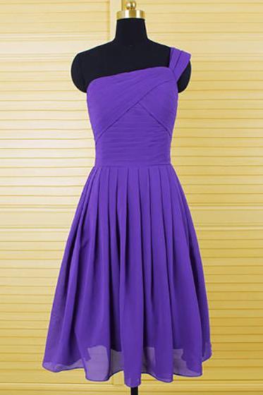 Casual One Shoulder Bridesmaid Dresses, Purple Chiffon Bridesmaid Dresses with Ruched Bust, Knee-length Bridesmaid Dresses with Pleats, #01012554