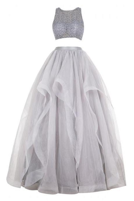 Gray Two-Piece Beaded Long Prom Dress with Horsehair Flounced Skirt