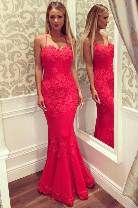 Sexy Spaghetti Straps Prom Dress with Crisscross Back, Hot Red Trumpet Sweetheart Prom Dresses, Elegant Low Back Lace Prom Dresses, #020102434