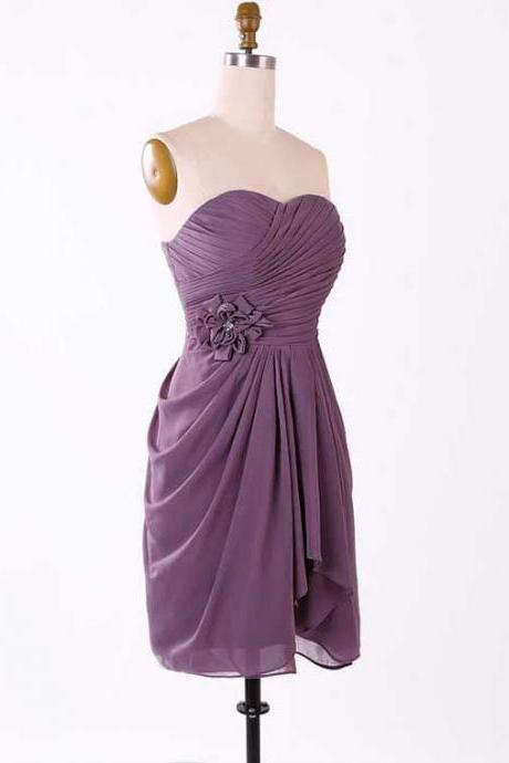 Grape Bridesmaid Dresses with Hand-made Flowers, Short Chiffon Bridesmaid Dress with Ruched Bust, Cute Sweetheart Bridesmaid Dresses, #01012457
