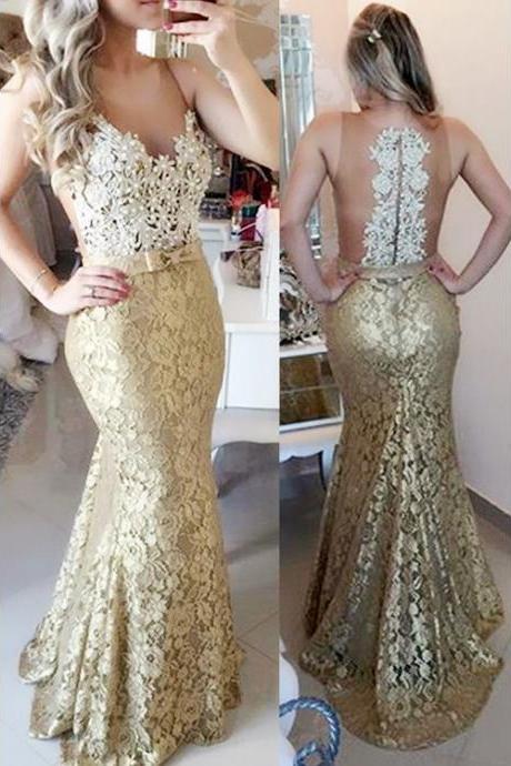Gold Trumpet Sweep Train Prom Dress, Sexy See-through Lace Illusion Prom Dress, Tulle Long Prom Dress with Lace Appliques and Pearl, #020102438