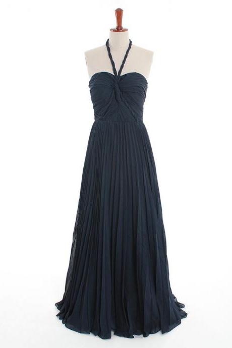 Dark Navy Bridesmaid Dress with Ruched Bust, Halter Flowy Chiffon Bridesmaid Dresses, Inexpensive Bridesmaid Dresses, #01012600