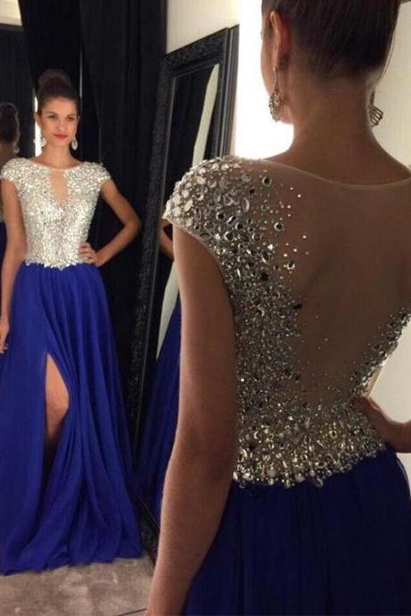 Bateau Neck Crystal Beaded Tulle Prom Dress, Royal Blue Chiffon Prom Dress with Front Split, A-line Cap Sleeves Floor Length Prom Dress, #020102447