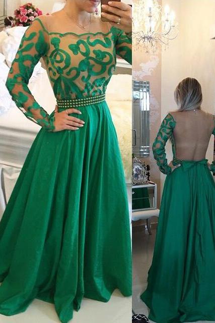 Off the Shoulder Green Tulle Prom Dress, Open Back Long Sleeves Prom Dress, Princess Taffeta Prom Dress with Pearl Belt and Bowknot, #020102450