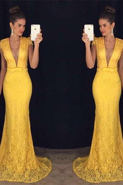 Sexy Deep V Neck Trumpet Tulle Prom Dress, Elegant Yellow Lace Prom Dress with Covered Buttons, Cap Sleeves Long Sweep Train Prom Dress, #020102449