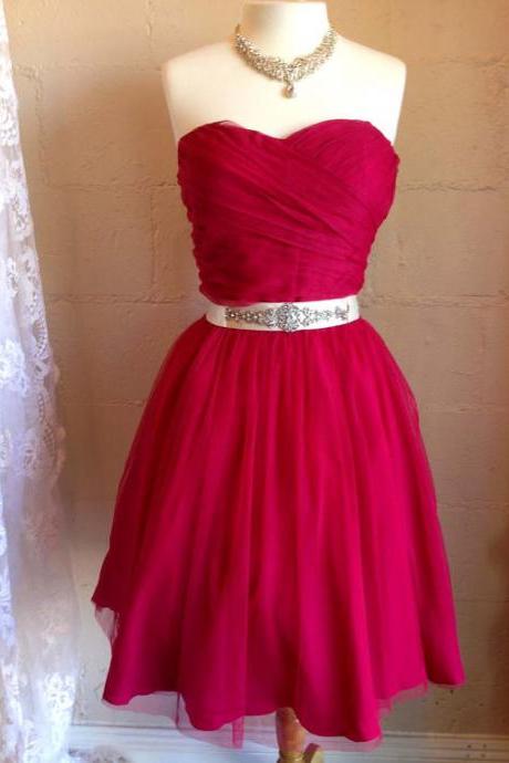 Amazing Sweetheart Red Bridesmaid Dresses, Short A-line Bridesmaid Dresses, Hot Mini Bridesmaid Dresses with Beaded Belt, #02017909
