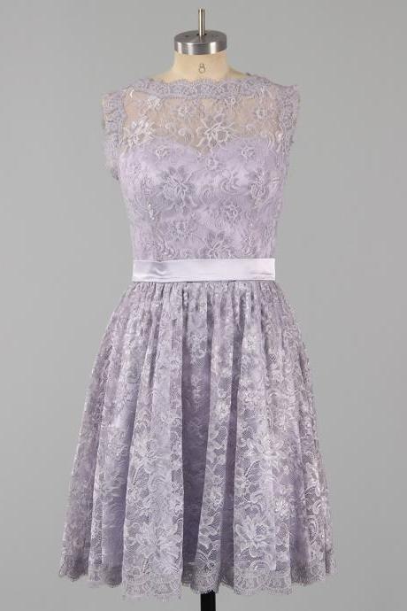 Sleeveless Bateau Illusion Lace A-line Short Knee-Length Bridesmaid Dress with Sash 