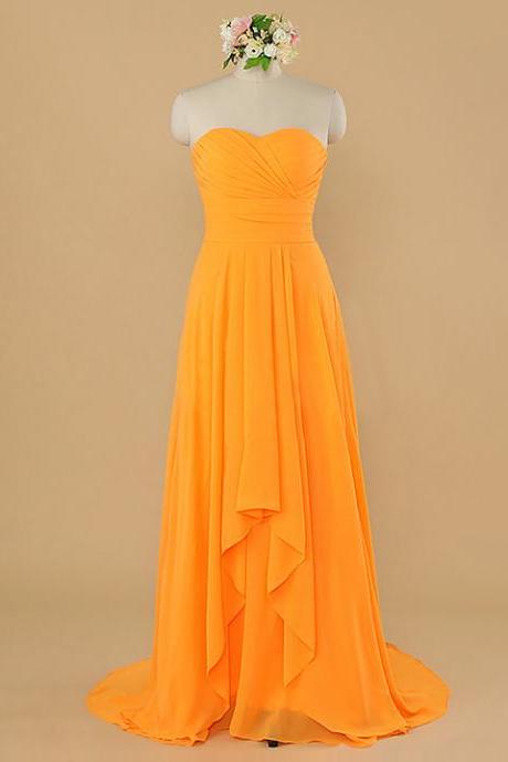 Asymmetric Sweetheart A-line Long Bridesmaid Dress, Orange Ruched Chiffon Bridesmaid Dress, Pretty Sleeveless Sweep Train Bridesmaid Dress, #01012484