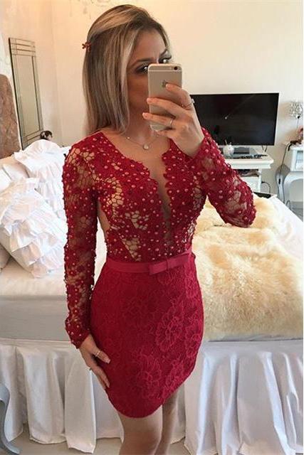 Scoop Neck See-though Lace Short Prom Dress, Long Sleeved Red Bodycon Covered Button Prom Dress, Deep V-neck Pearl Ribbon Mini Prom Dress, #020102458