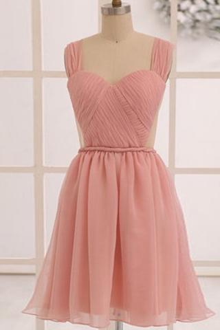 Sexy Backless Bridesmaid Dresses with Pleats, Knee-length Sweetheart Bridesmaid Dress, Pearl Pink Chiffon Bridesmaid Dress with Ruched Bust, #01012473