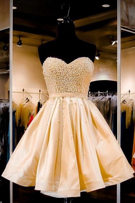 Pearl Embellished Sweetheart Short Satin Ruffled Homecoming Dress Featuring Lace-Up Back 