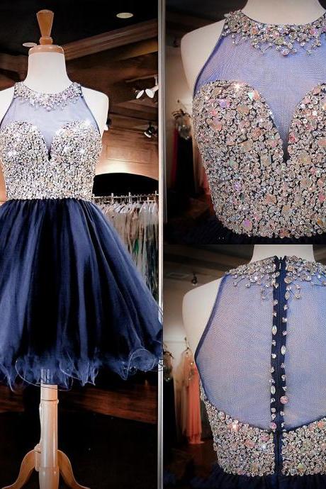 Sparkling Jewel Neck Illusion Crystal Beaded Tulle Prom Dress, Navy Blue A-line Tulle Short Prom Dress, Princess Sequins Mini Prom Dress, #020102473
