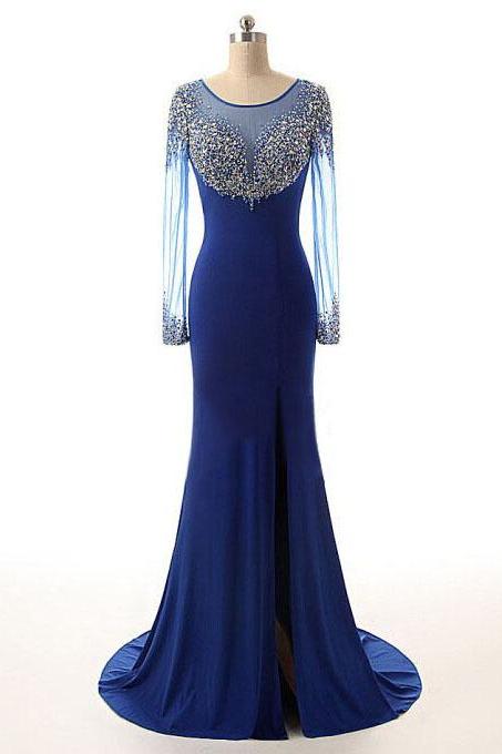 Scoop Neck Royal Blue Long Prom Dress, Shining Crystal Bead Sequined Tulle Trumpet Prom Dress, Long Sleeved Front Split Chiffon Prom Dress, #020102474