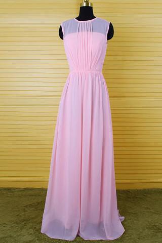 Sweet Pearl Pink Bridesmaid Dresses with a Keyhole Back, Long Bridesmaid Dress with Pleats, Scoop Neck Chiffon Column Bridesmaid Dress, #01012542