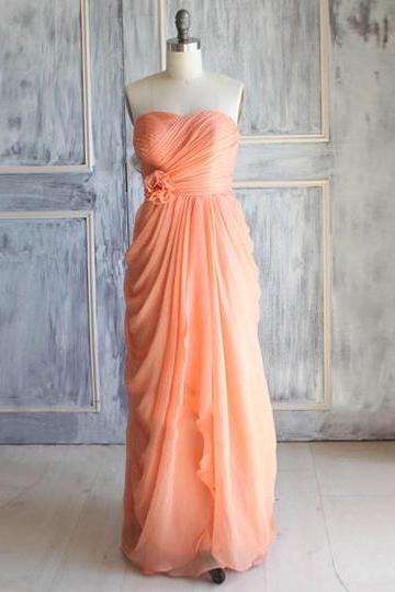 Orange Bridesmaid Dress with Ruched Bust, Sweetheart Chiffon Bridesmaid Dress with Flowers, Junior Bridesmaid Dress with Pleats, #01012392