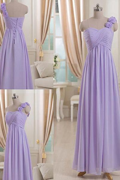 One Shoulder Flower Lilac Long Bridesmaid Dress, Asymmetric Ruching Empire Bridesmaid Dress, Lace-up Chiffon Bridesmaid Dress, #01012512