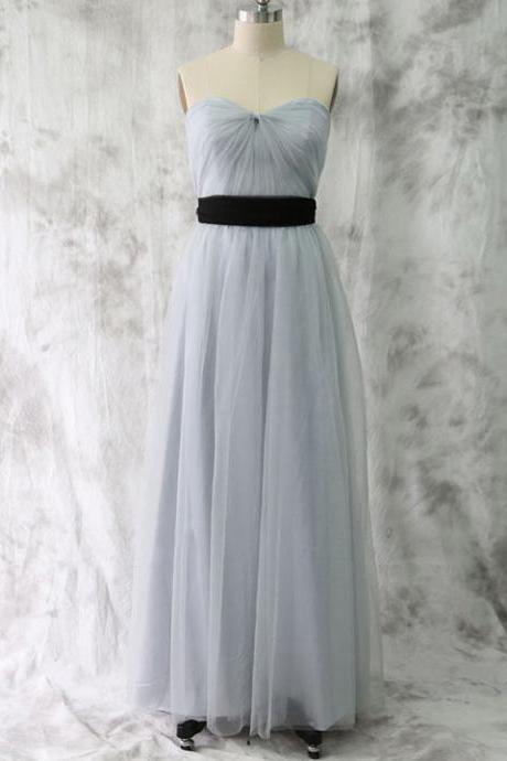 Light Gray Sweetheart Bridesmaid Dress with Black Ribbon, Floor Length Ruched Tulle Bridesmaid Dress, Elegant Long Bridesmaid Dress, #01012530