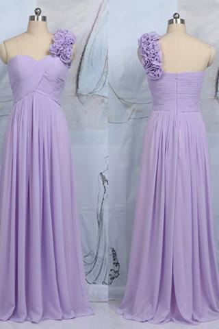 Asymmetric One Shoulder Flower Bridesmaid Dress, Lilac Sheath Long Bridesmaid Dress, Elegant Chiffon Column Bridesmaid Dress, #01012545