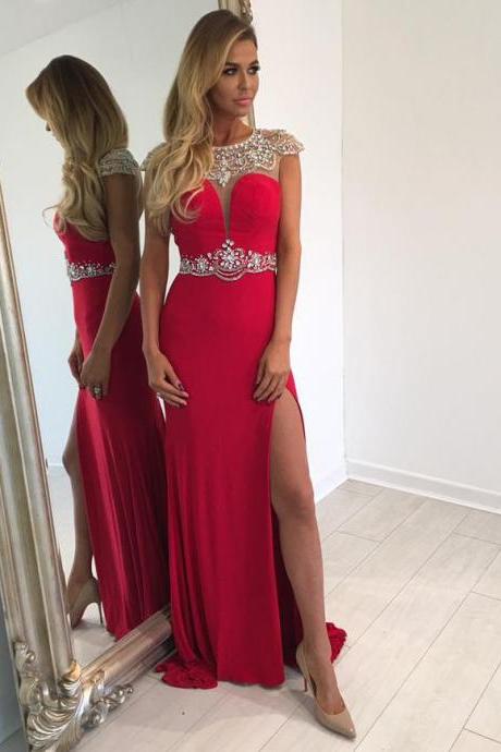 Jewel Neck Illusion Beaded Tulle Long Prom Dress, Red Cap Sleeves Sweep Train Chiffon Prom Dress, Sexy Open Back Front Split Prom Dress, #020102484
