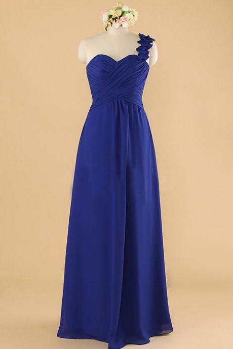 One Shoulder Royal Blue Bridesmaid Dress, Asymmetric Womens Bridesmaid Dress, Long Chiffon Bridesmaid Dress with Ruched Bust, #01012492
