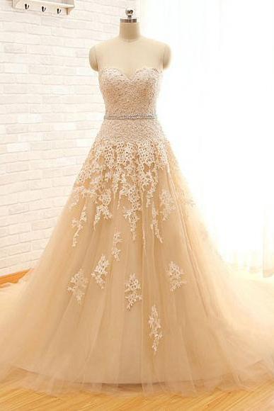 Sweetheart Champagne Princess Long Wedding Dress, Elegant Lace Appliques Chapel Train Bridal Gown, Lace-up Beaded Tulle Wedding Dress, #00021496