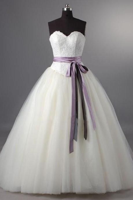 Appealing Sweetheart Lace-up Long Wedding Dress, White Ball Gown Sweep Train Bridal Gown, Fairytale Sleeveless Sash Tulle Wedding Dress, #00011115