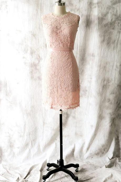 Bodycon Jewel Neck Illusion Short Bridesmaid Dress, Sleeveless Pink Lace Bridesmaid Dress, Sweet Sash Knee Length Bridesmaid Dress, #01012562