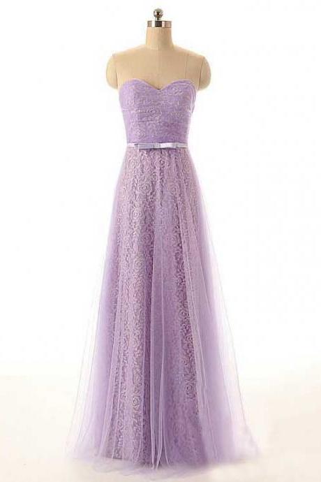 Lilac Long Tulle A-Line Bridesmaid Dress Featuring Sweetheart Bodice and Bow Accent Belt 