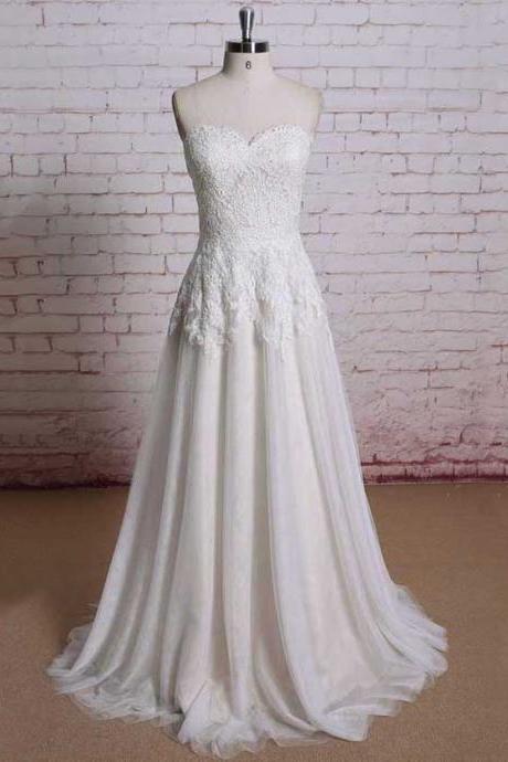 Beautiful Simple Sweetheart Wedding Dresses, Causal Lace Bridal Gown with Sweep Train, Elegant Ivory Chiffon Long Wedding Dresses, #00021354