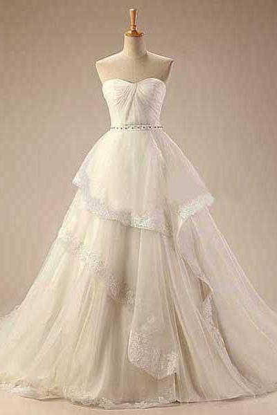 Pretty Sweetheart Wedding Dresses with Chapel Train, Ivory Tulle Bridal Gown with Lace Appliques, Beaded Royal Ball Gown Wedding Dress, #00021414