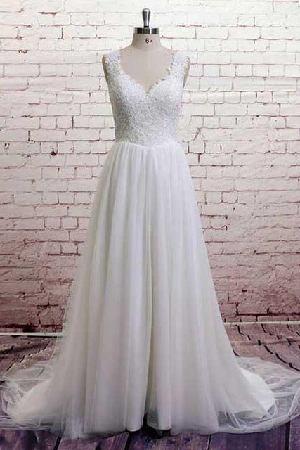White Ball Gown Wedding Dresses with Lace Appliques, Graceful V-neck Wedding Dress with Button, Trendy Bridal Gown with See-through Back, #00021372