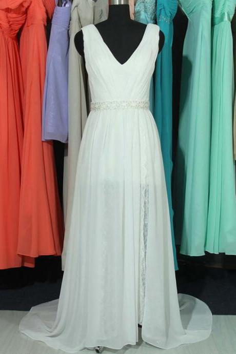V-neck Sleeveless Wedding Dress with Soft Pleats, Simple Garden Bridal Gown with Beaded Belt, Elegant Long Wedding Dress with High Split, #00020663
