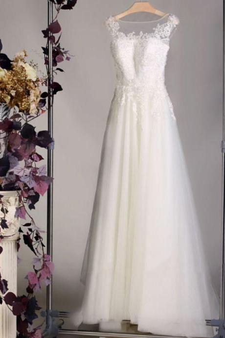 Bateau Neck Illusion White Lace Wedding Dress, Elegant A-line Lace Appliques Tulle Bridal Gown, V Back Long Court Train Wedding Dress, #00020564