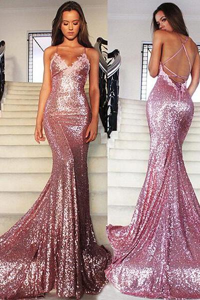 Sexy Spaghetti Straps Pink Glitter Prom Dress, Sparkling Sequined Open Back Prom Dress with Lace Appliques, Criss Cross Long Prom Dress, #020102499