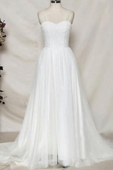 Sweetheart Lace Tulle A-line Long Wedding Dress Featuring Sheer Back