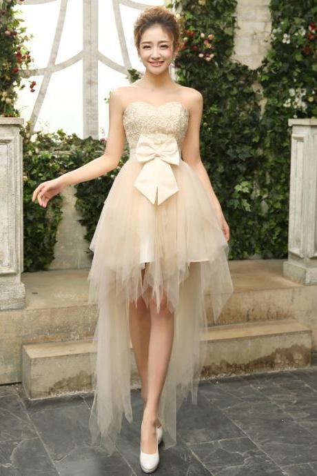 Sweet Champagne High Low A-line Bridesmaid Dress, Sweetheart Bowknot Lace Bridesmaid Dress, Lace-up Tulle Bridesmaid Dress, #01012901