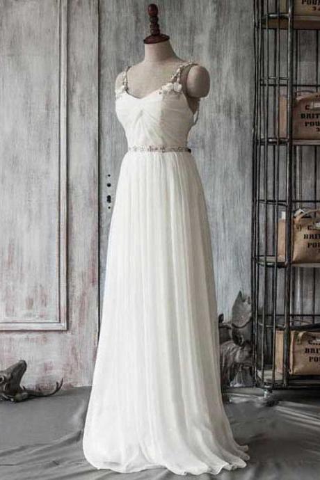 Crystal Beaded Straps Long Chiffon Wedding Dress, Unique Criss Cross Tulle Back Bridal Gown, White Flowers Sweep Train Wedding Dress, #00021415