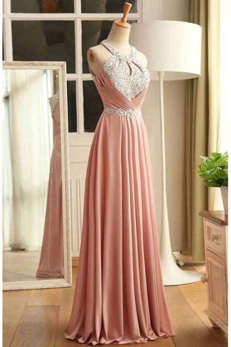 Unique Crystal Ruched Pink Long Prom Dress, Halter Lace-up A-line Floor Length Prom Dress, Beaded Belt Chiffon Prom Dress, #020102681