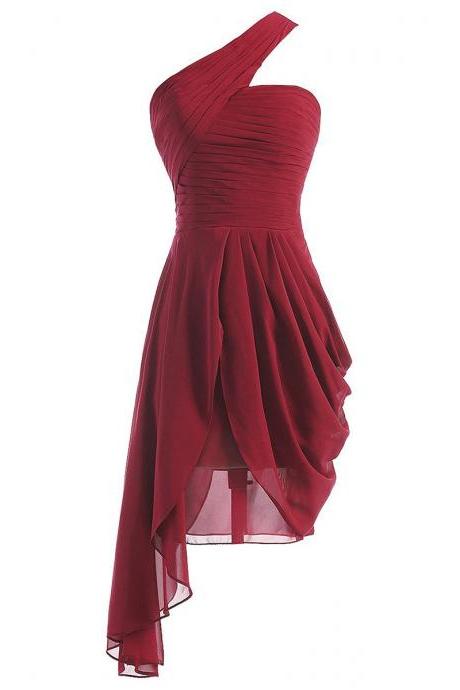 Burgundy Short Bridesmaid Dresses with Ruffles, A-line One Shoulder New Bridesmaid Gowns, Asymmetrical Chiffon Bridesmaid Dresses, #01012950