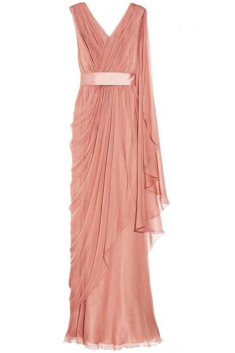Sleeveless V-Neck Drape Chiffon A-Line Long Evening Dress, Prom Dress