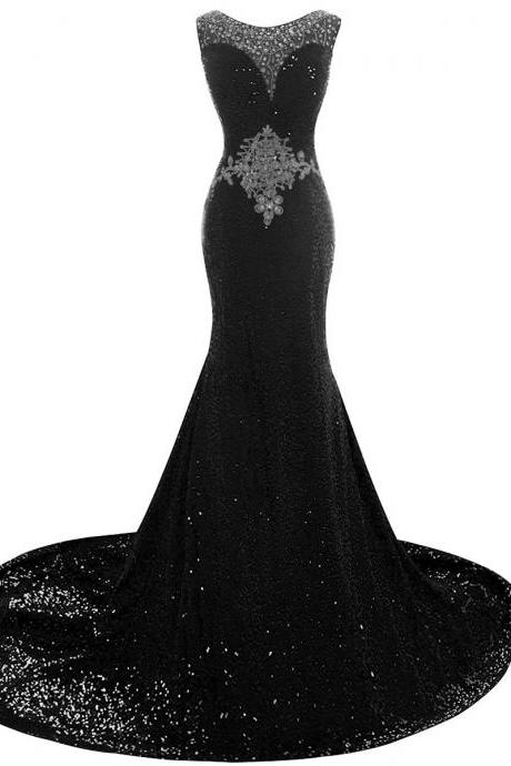 Black Sequin Mermaid Prom Dress With Crystal Embellished Belt And Bateau Neckline